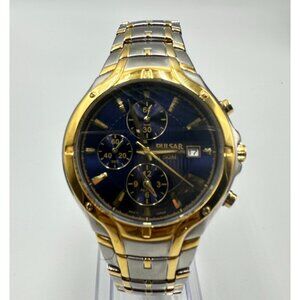 Pulsar Chronograph Watch Men Silver Gold Two-Tone Blue Dial New Battery 8.25"